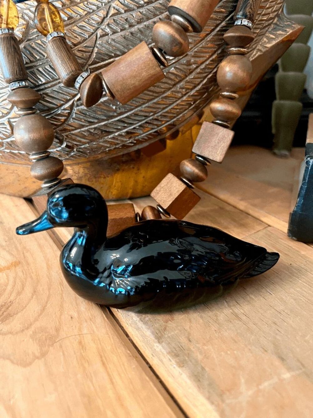Vintage Fenton Ebony Black Glass Mallard Duck Figurine Art Glass Bird USA